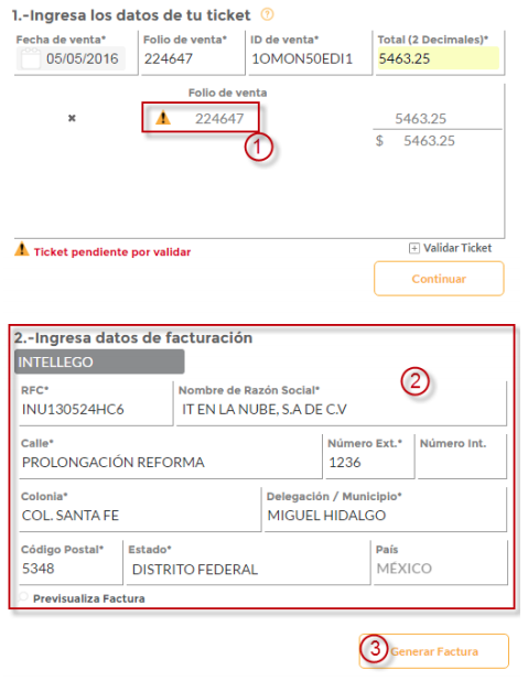 ejemplo de carga de ticket