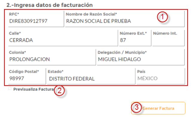 pantalla datos de factura