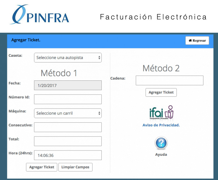 agregar datos de ticket pinfra