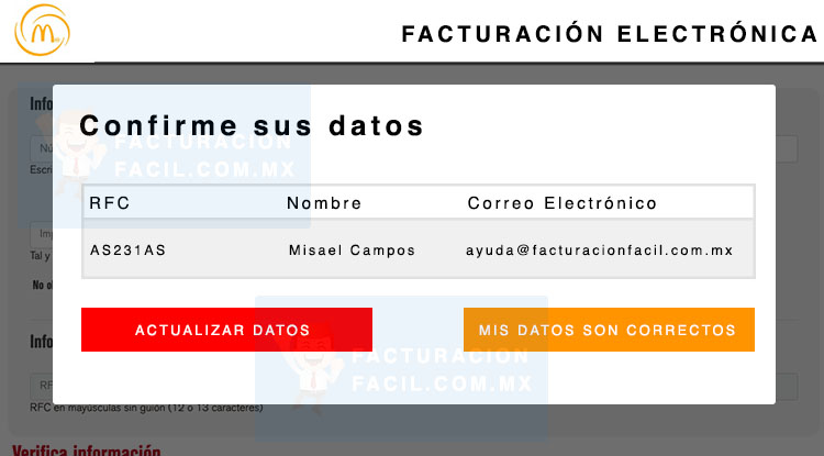confirmar datos facturacion McDonalds