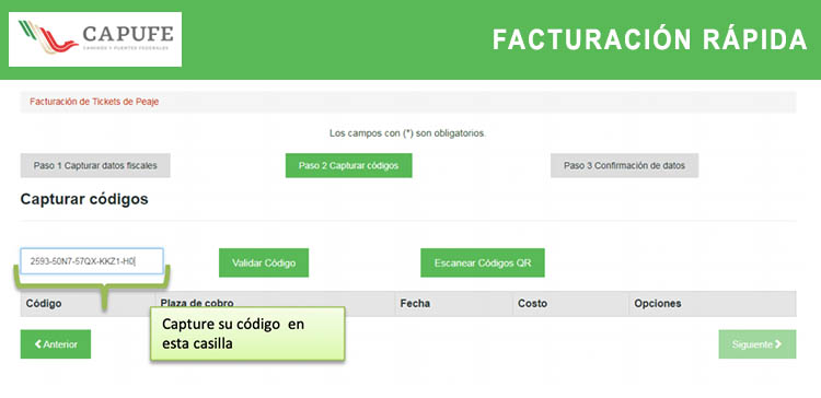 validar codigo de facturacion capufe
